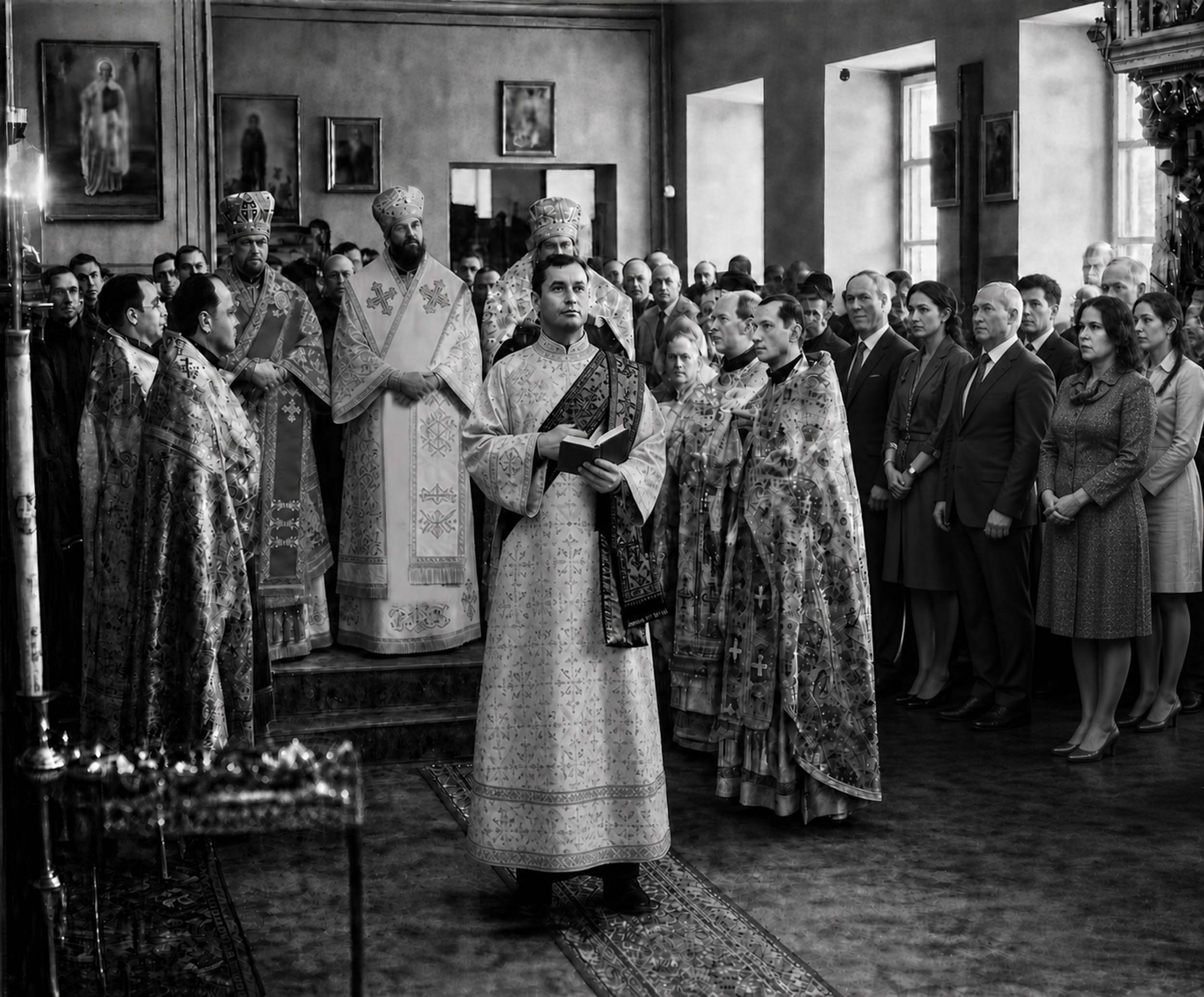 Епископы Савва (Советов), Тимофей (Шреттер) и Матфей (Семашко). Богослужение в крестовой церкви архиерейского дома, 1938